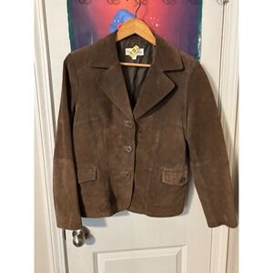 Bonjour Brown Suede Leather Blazer Jacket Womens Large 3 Button Front Pocket